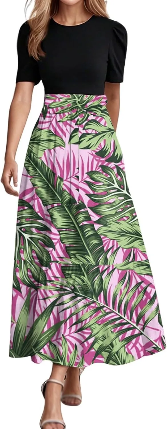 Long Summer Dresses for Womentie Belted Patchwork Ruffle Hem A Line Maxi Dress Crewneck Short Sleeve Vacation Clothes