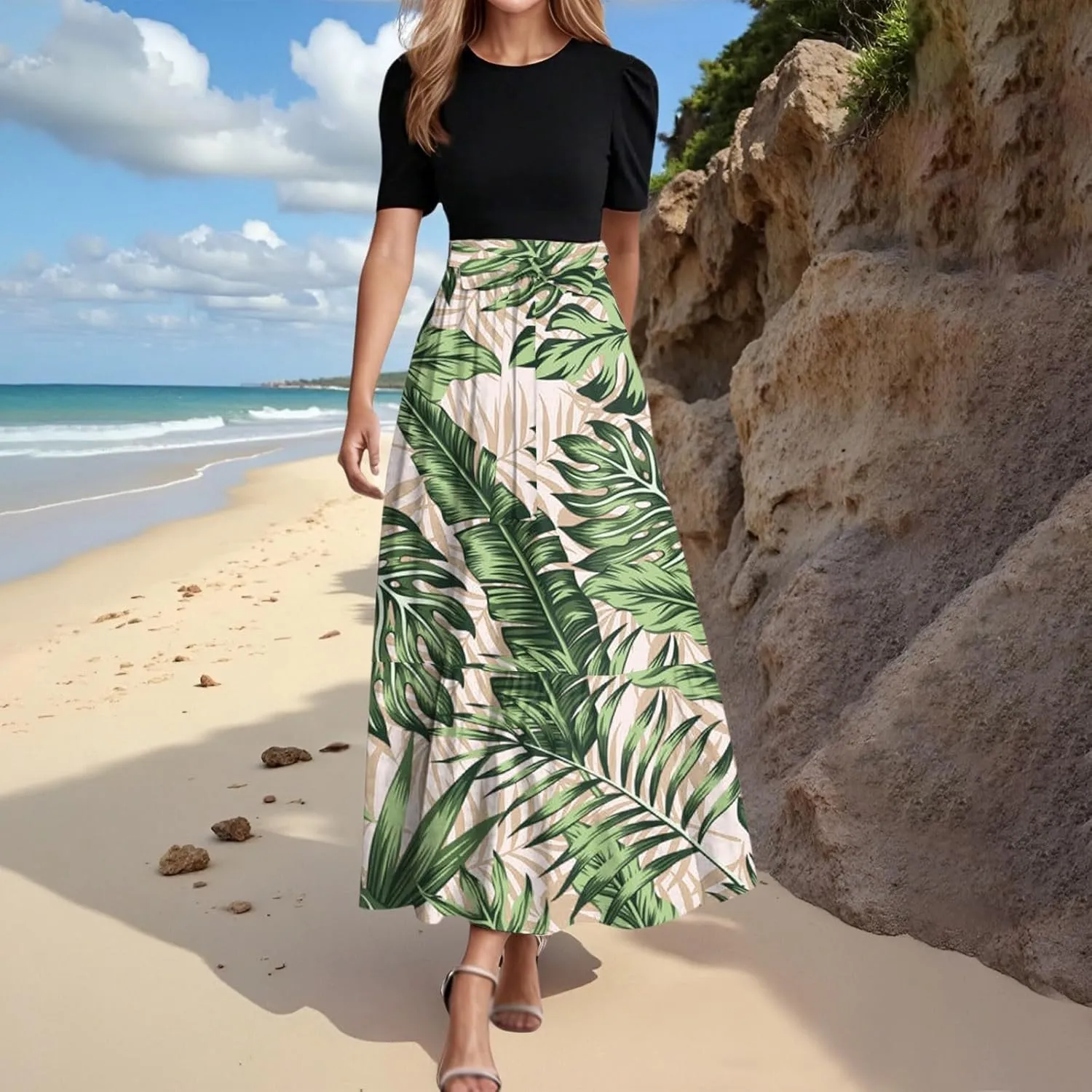 Long Summer Dresses for Womentie Belted Patchwork Ruffle Hem A Line Maxi Dress Crewneck Short Sleeve Vacation Clothes