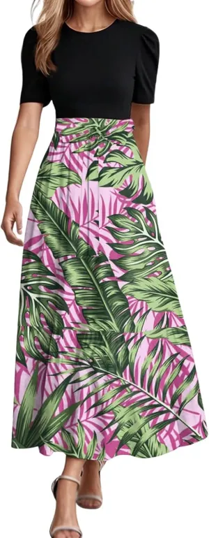 Long Summer Dresses for Womentie Belted Patchwork Ruffle Hem A Line Maxi Dress Crewneck Short Sleeve Vacation Clothes