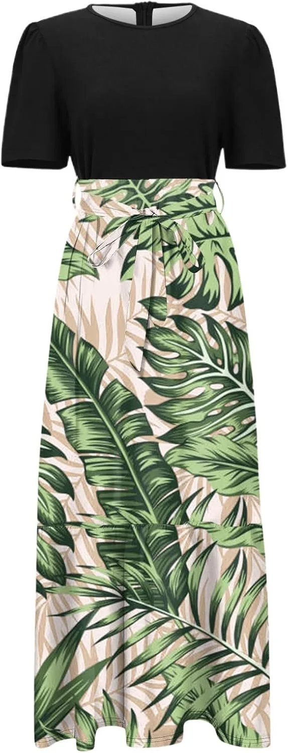 Long Summer Dresses for Womentie Belted Patchwork Ruffle Hem A Line Maxi Dress Crewneck Short Sleeve Vacation Clothes