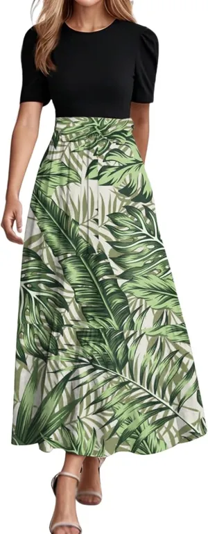 Long Summer Dresses for Womentie Belted Patchwork Ruffle Hem A Line Maxi Dress Crewneck Short Sleeve Vacation Clothes