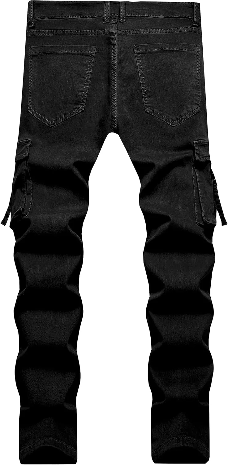 LONGBIDA Men's Slim Fit Stretch Comfort Cargo Biker Jeans with Multi-Pockets
