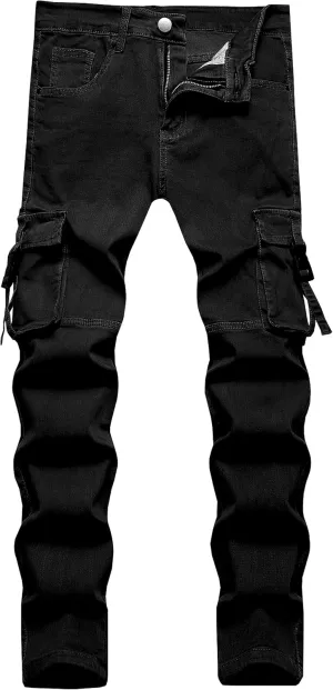 LONGBIDA Men's Slim Fit Stretch Comfort Cargo Biker Jeans with Multi-Pockets