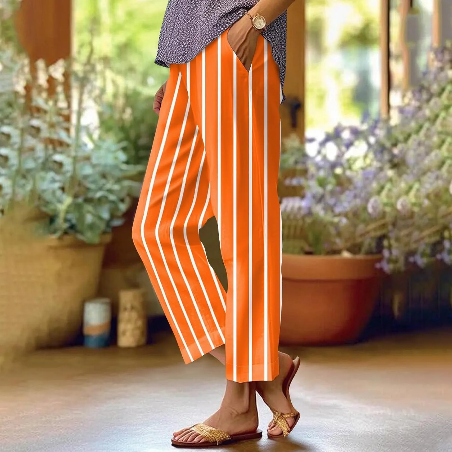 Lounge Pants Women Petite Linen Elastic Waisted Drawstring Pants with Pockets Solid Casual Summer Cropped Pants