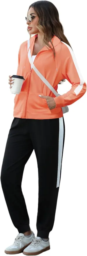 Marvmys 2 Piece Tracksuit for Women Set Zip Up Hoodies Sweatsuits Color Block Jogging Suit with Pockets