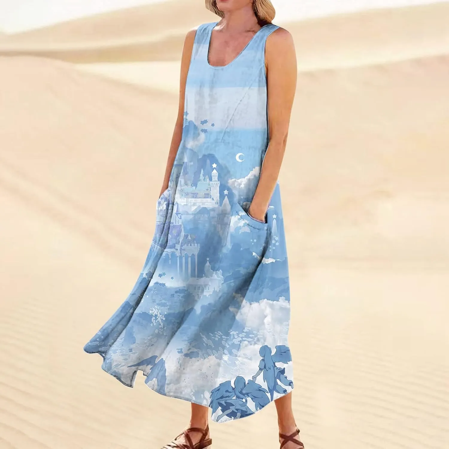 Maxi Dress for Women Cotton Linen Floral Print Casual Long Dress Flowy Sleeveless Round Neck Dresses with Pockets