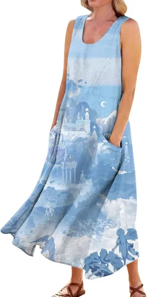 Maxi Dress for Women Cotton Linen Floral Print Casual Long Dress Flowy Sleeveless Round Neck Dresses with Pockets