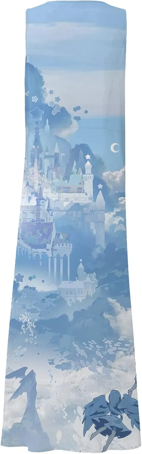 Maxi Dress for Women Cotton Linen Floral Print Casual Long Dress Flowy Sleeveless Round Neck Dresses with Pockets