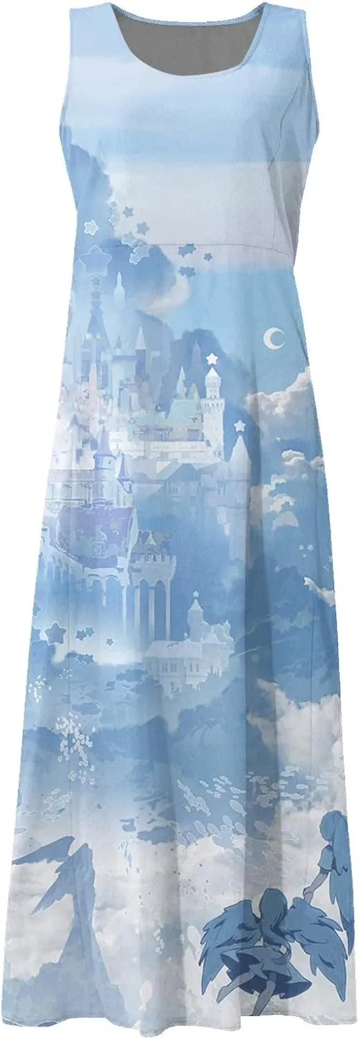 Maxi Dress for Women Cotton Linen Floral Print Casual Long Dress Flowy Sleeveless Round Neck Dresses with Pockets