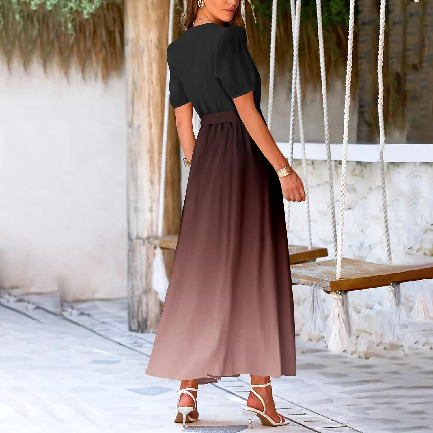 Maxi Dresses for Women 2025 Summer V Neck Floral Maxi Dress Trendy Short Sleeve Split A Line Long Dresses with Belt
