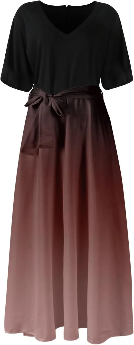 Maxi Dresses for Women 2025 Summer V Neck Floral Maxi Dress Trendy Short Sleeve Split A Line Long Dresses with Belt