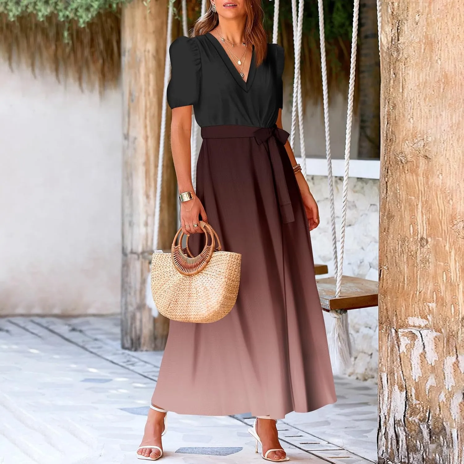Maxi Dresses for Women 2025 Summer V Neck Floral Maxi Dress Trendy Short Sleeve Split A Line Long Dresses with Belt