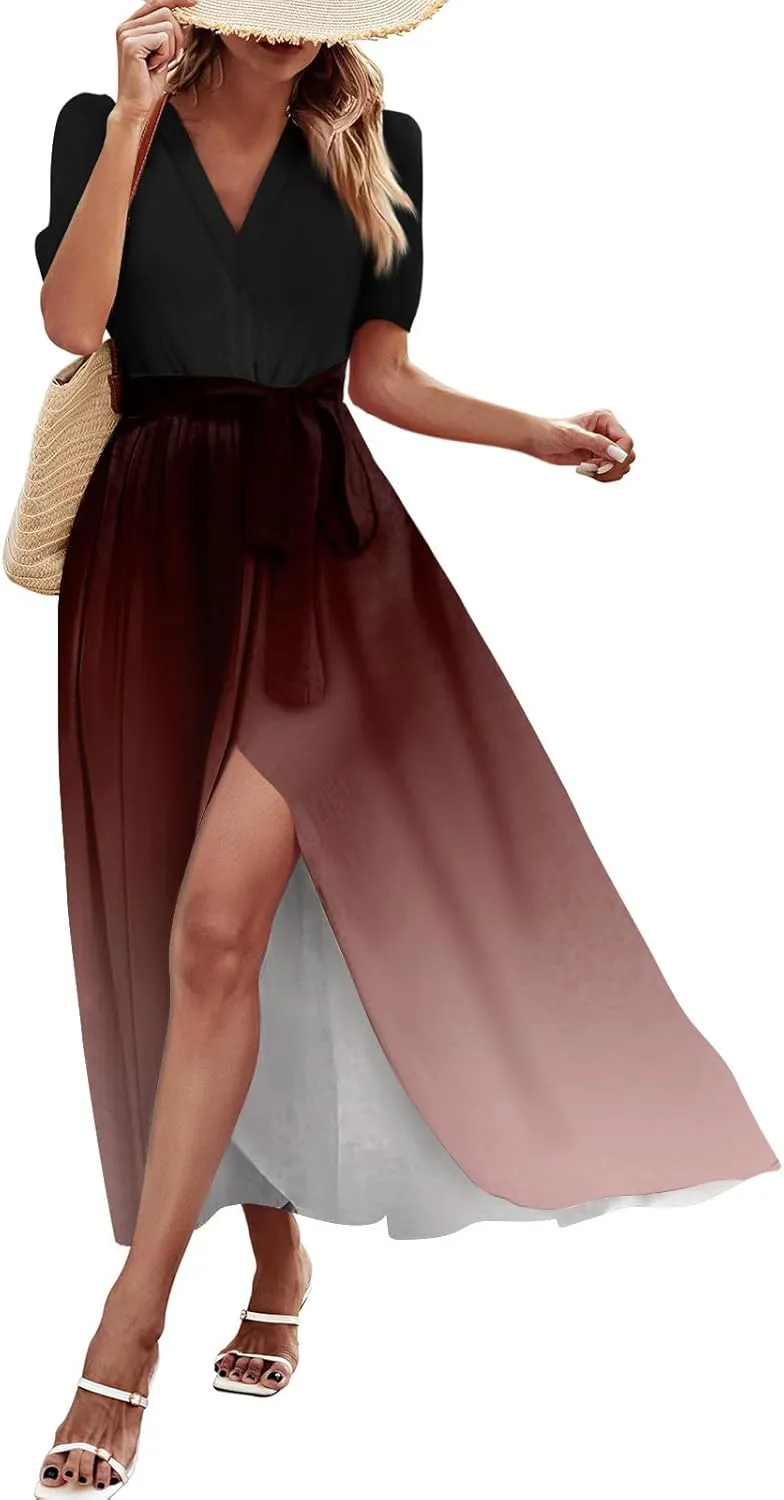 Maxi Dresses for Women 2025 Summer V Neck Floral Maxi Dress Trendy Short Sleeve Split A Line Long Dresses with Belt