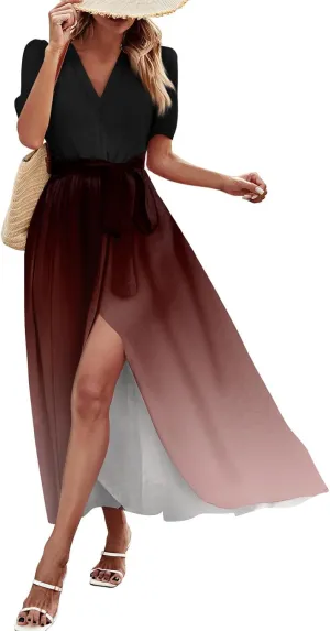 Maxi Dresses for Women 2025 Summer V Neck Floral Maxi Dress Trendy Short Sleeve Split A Line Long Dresses with Belt