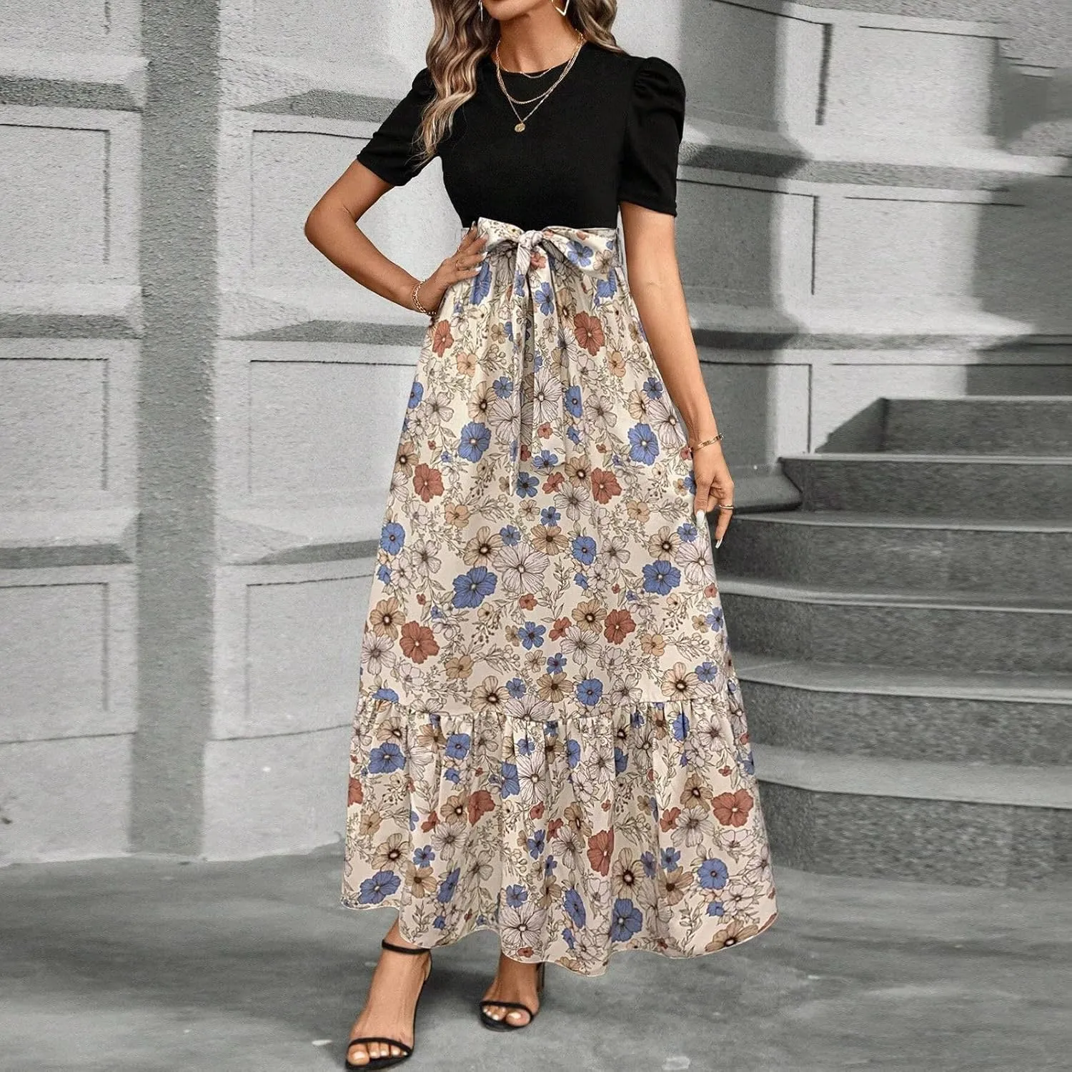 Maxi Dresses for Women 2025,Patchwork Womens Easter Dresses Wedding Guest Formal Spring Summer Wrap Dress for Women