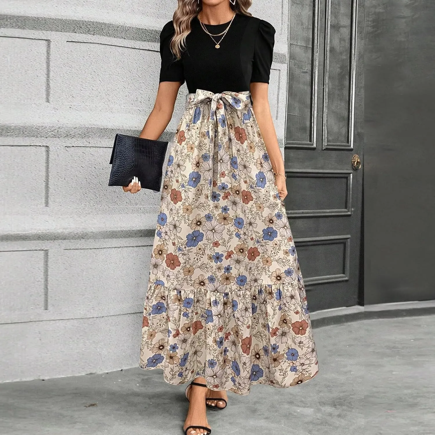 Maxi Dresses for Women 2025,Patchwork Womens Easter Dresses Wedding Guest Formal Spring Summer Wrap Dress for Women