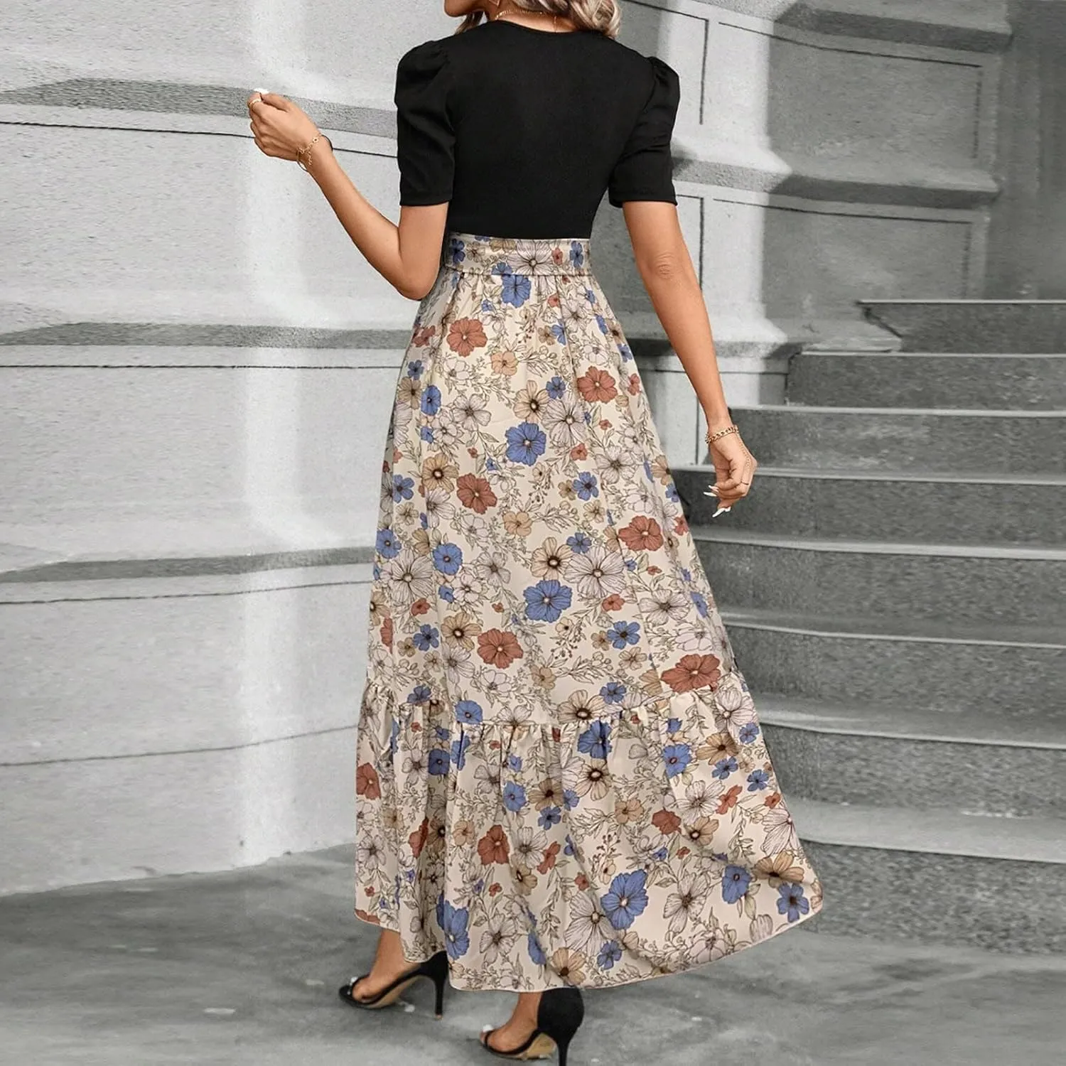 Maxi Dresses for Women 2025,Patchwork Womens Easter Dresses Wedding Guest Formal Spring Summer Wrap Dress for Women