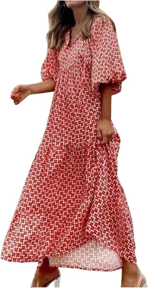 Maxi Dresses for Women Print Middle-Sleeves Ruffle Stitching Dresses Loose Soft Flowy Dress