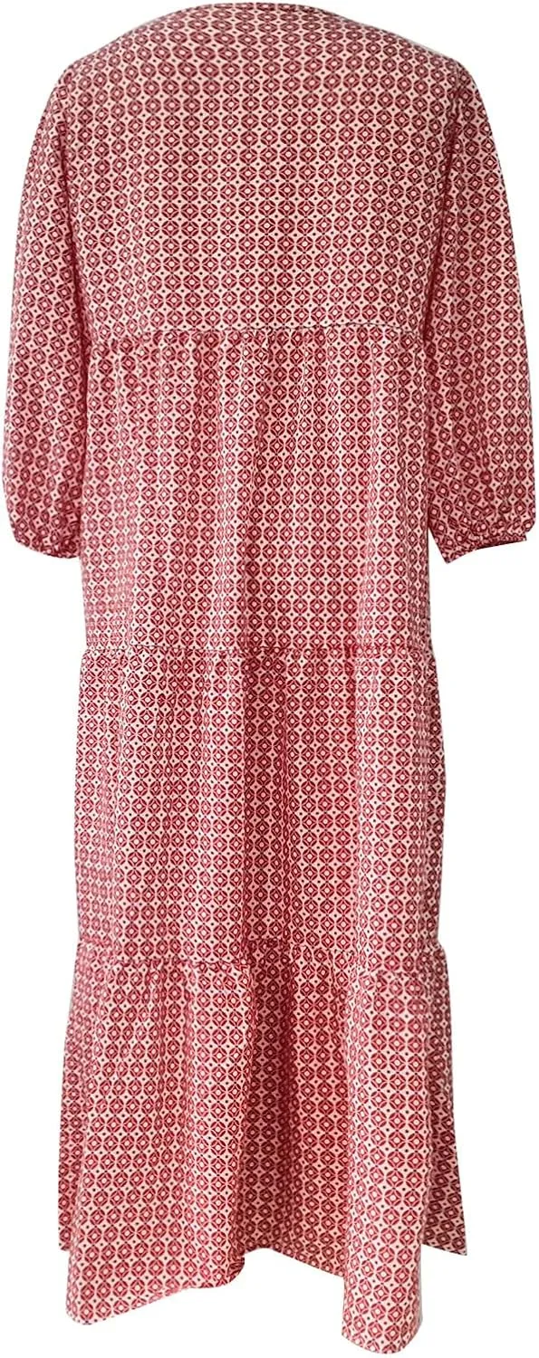Maxi Dresses for Women Print Middle-Sleeves Ruffle Stitching Dresses Loose Soft Flowy Dress