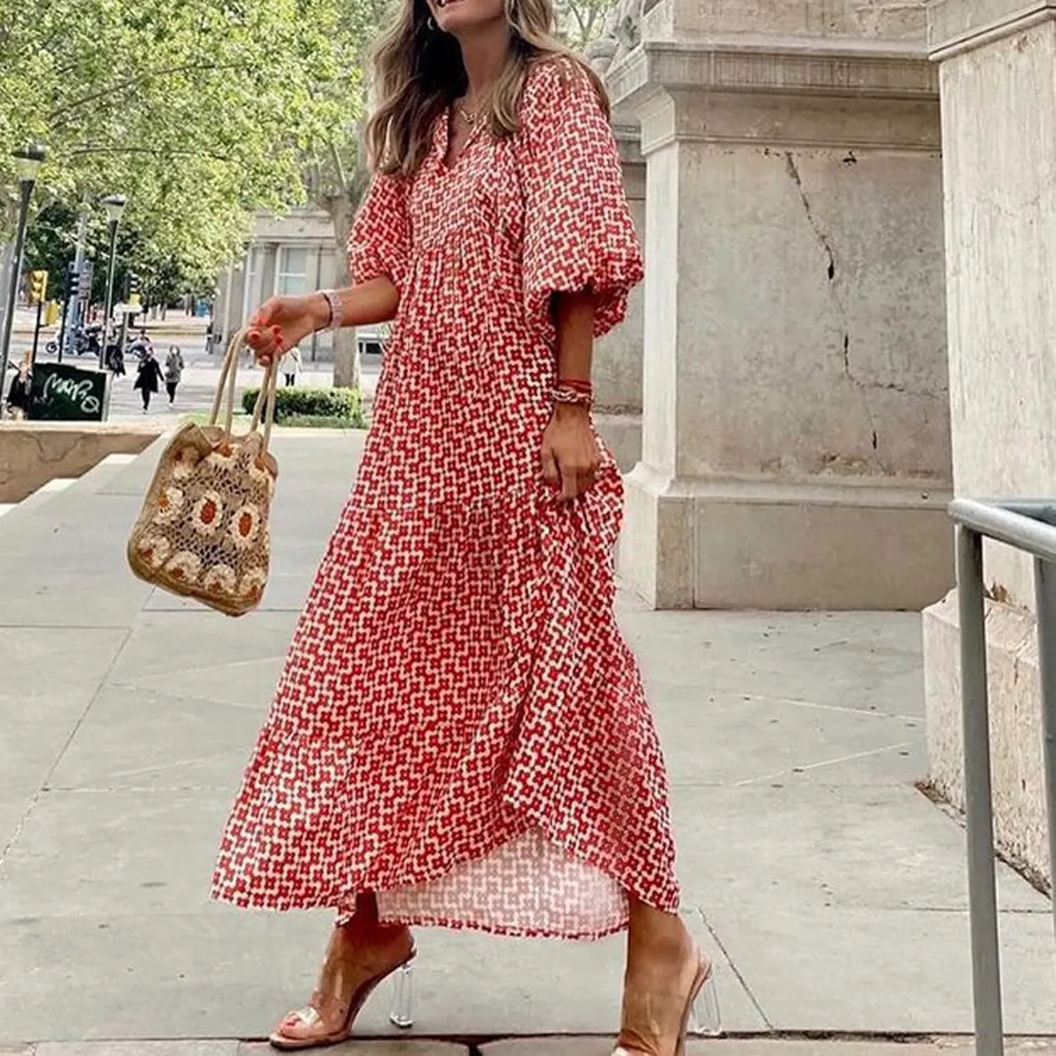 Maxi Dresses for Women Print Middle-Sleeves Ruffle Stitching Dresses Loose Soft Flowy Dress