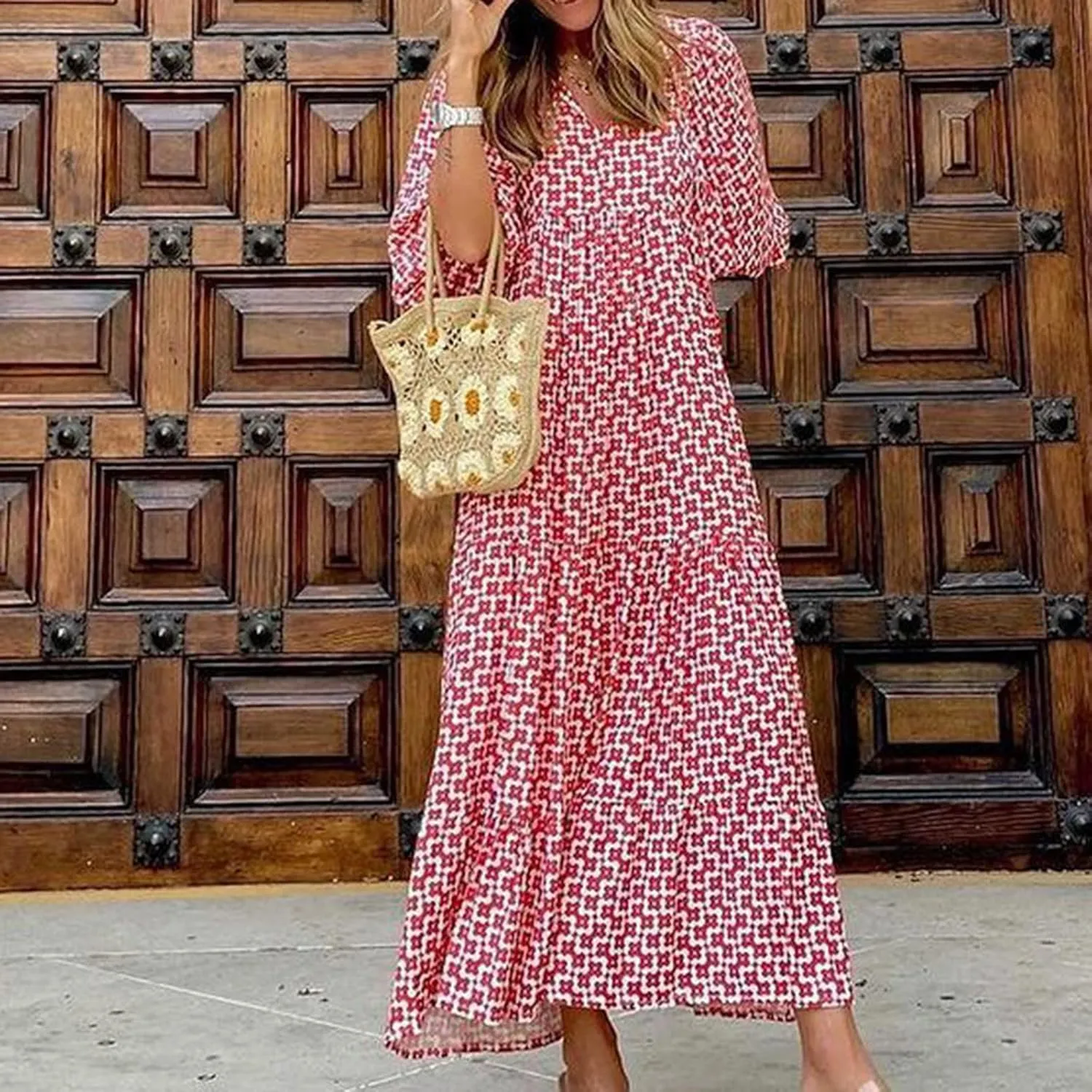 Maxi Dresses for Women Print Middle-Sleeves Ruffle Stitching Dresses Loose Soft Flowy Dress