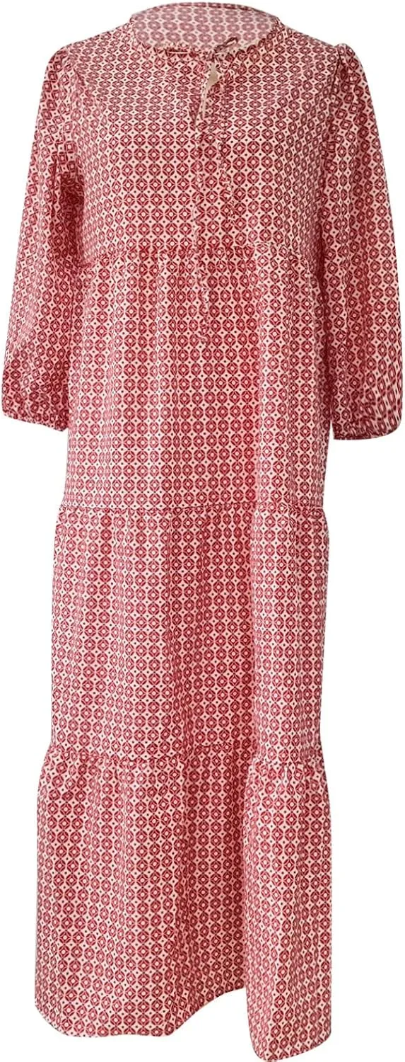 Maxi Dresses for Women Print Middle-Sleeves Ruffle Stitching Dresses Loose Soft Flowy Dress