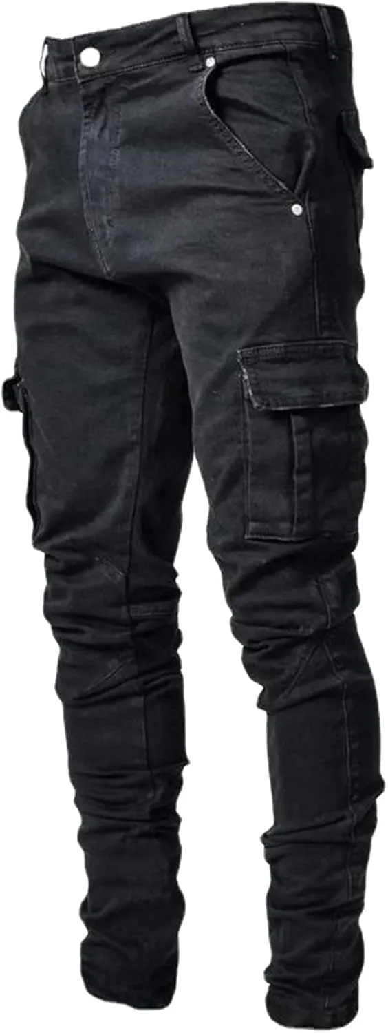 Men Slim Zipper Denim Jeans Pants Pure Colour Jean with Zipper Pockets Jean Trouser Solid Fashion Straight Leg Jeans