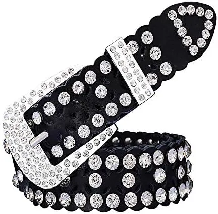 Men Women Rhinestone Belt Western Cowboy Cowgirl Leather Belts with Buckle Cow Skin Waist Strap Belt