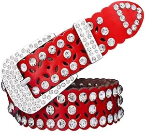 Men Women Rhinestone Belt Western Cowboy Cowgirl Leather Belts with Buckle Cow Skin Waist Strap Belt