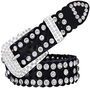 Men Women Rhinestone Belt Western Cowboy Cowgirl Leather Belts with Buckle Cow Skin Waist Strap Belt