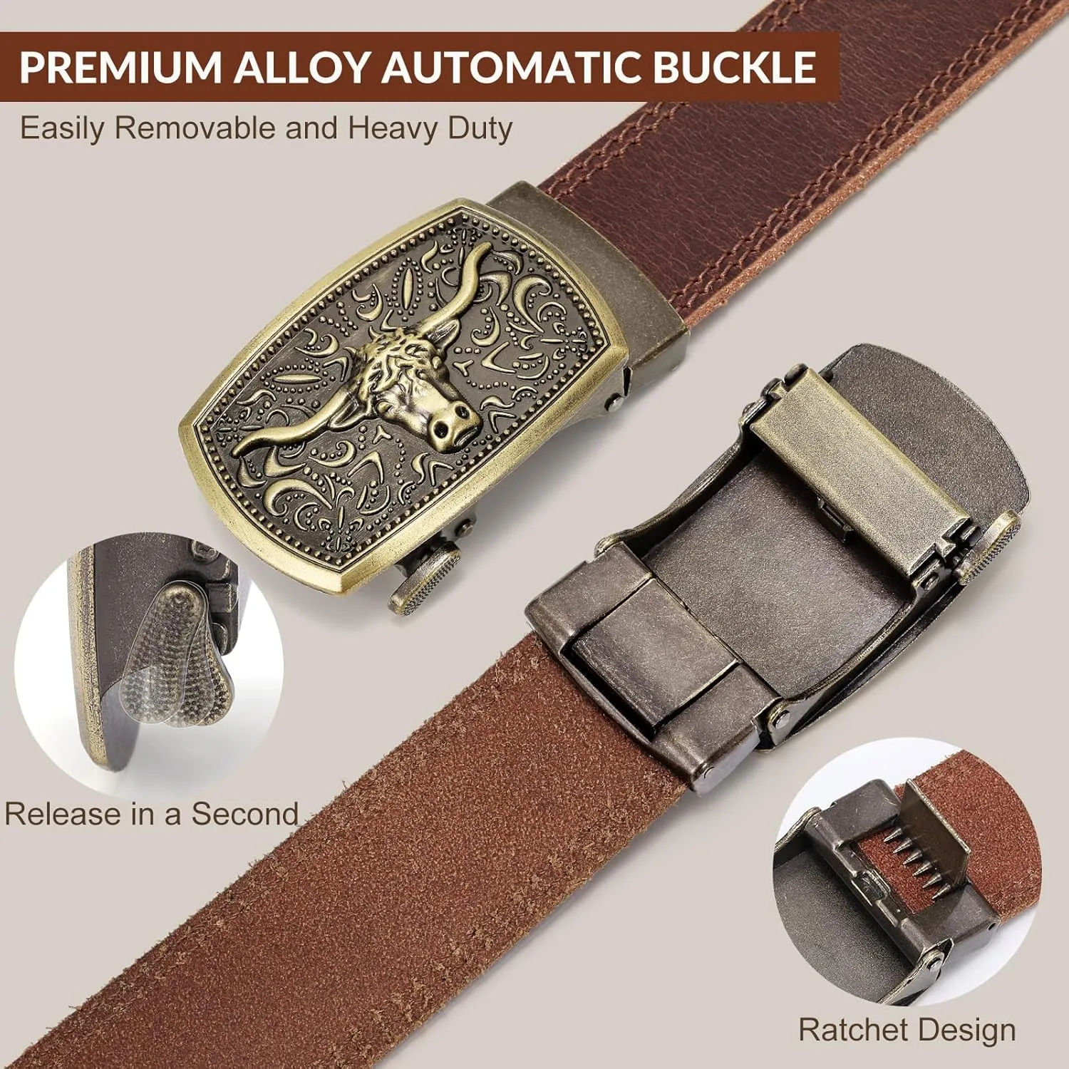 Mens Belts Leather, Full Grain Leather Handmade Belt with Bull Ratchet Buckle, Italian Real Solid Top genuine Leather