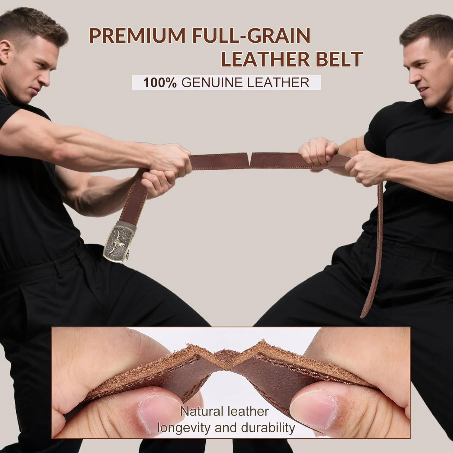 Mens Belts Leather, Full Grain Leather Handmade Belt with Bull Ratchet Buckle, Italian Real Solid Top genuine Leather