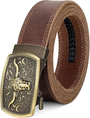 Mens Belts Leather, Full Grain Leather Handmade Belt with Bull Ratchet Buckle, Italian Real Solid Top genuine Leather