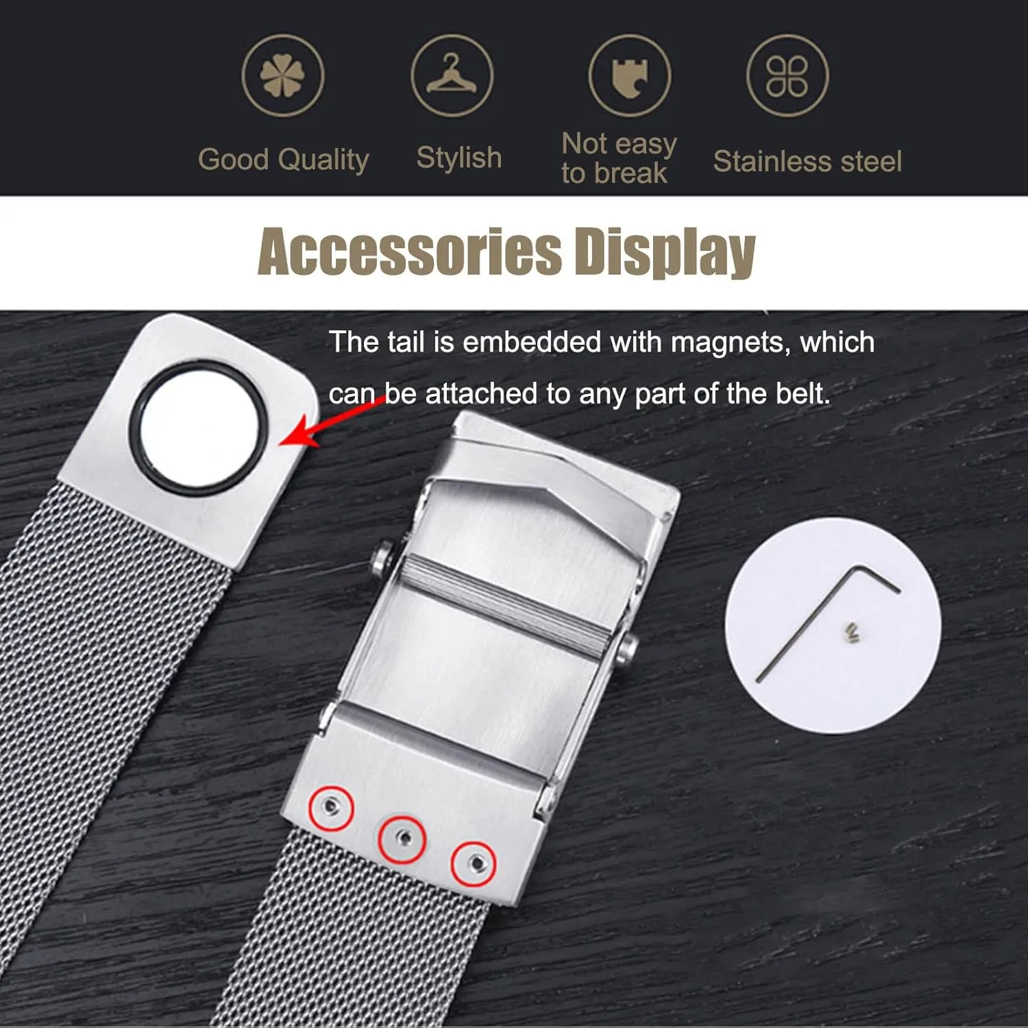 Men's Belts Stainless Steel,No Leather Ratchet Metal Braided Magnetic Dress Belt with Roller Buckle
