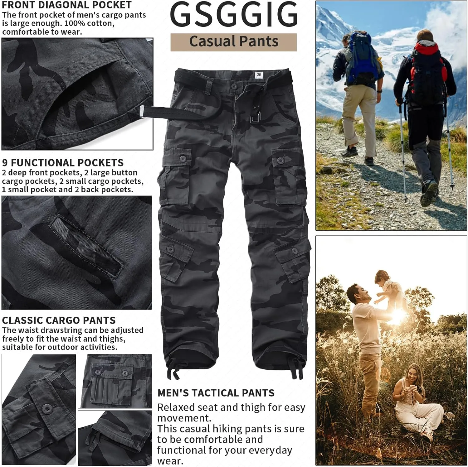 Men's Cargo Pants, Casual Outdoor Camo Pants, Relaxed Fit Work Pants with Multi Pockets