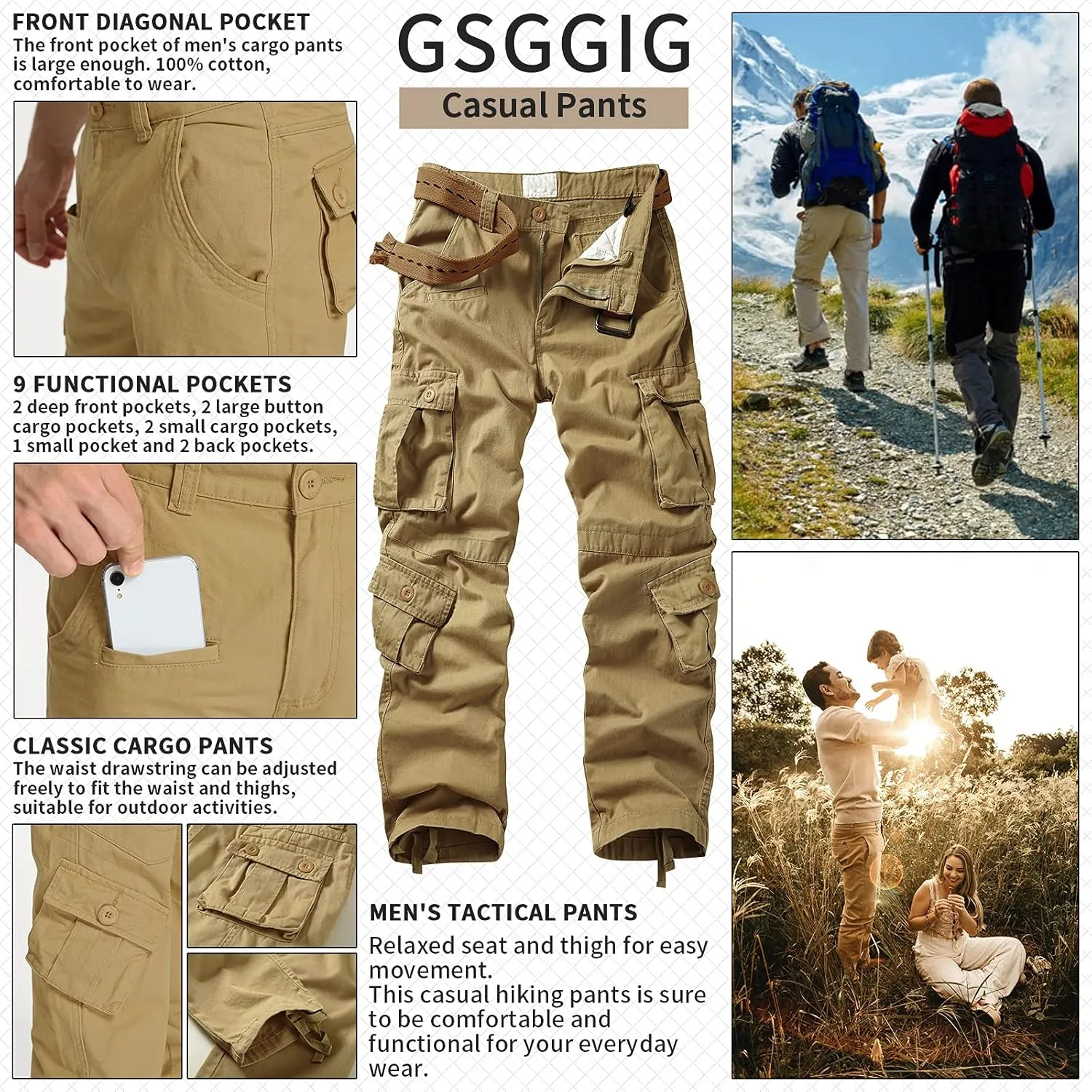 Men's Cargo Pants, Casual Outdoor Camo Pants, Relaxed Fit Work Pants with Multi Pockets
