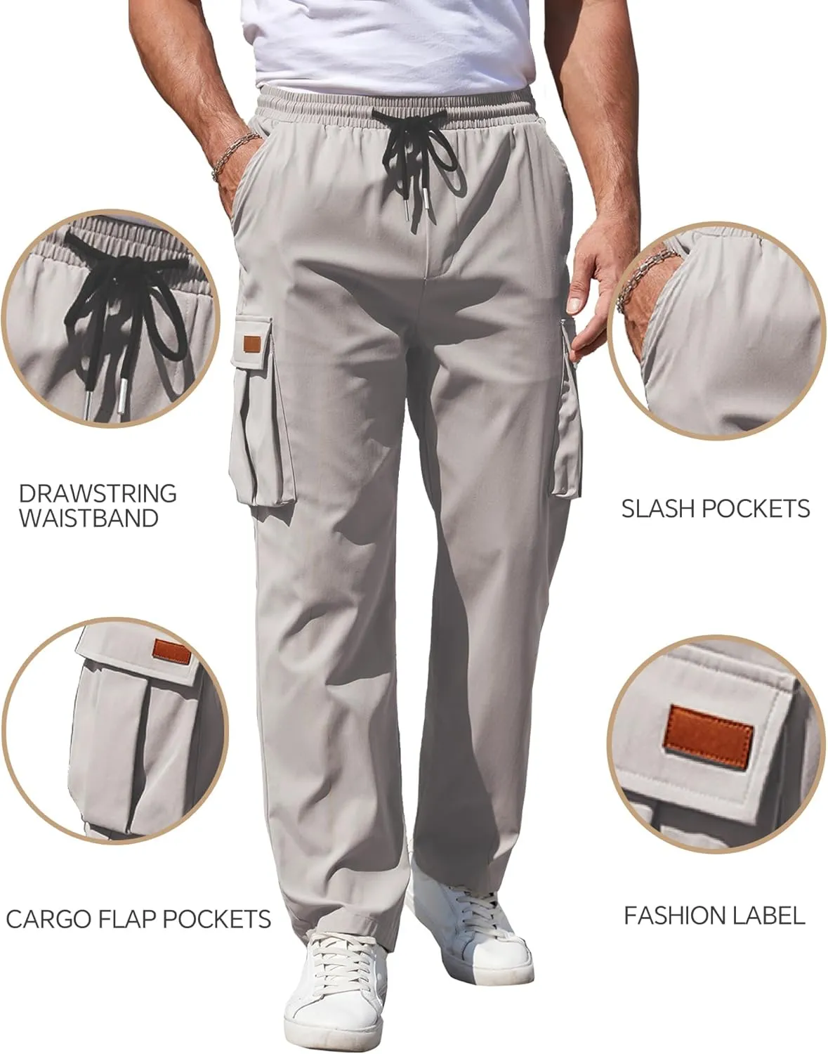 Mens Cargo Pants Drawstring Relaxed Fit Pants Stretch Elastic Waist Work Outdoor Casual Pants with Pockets