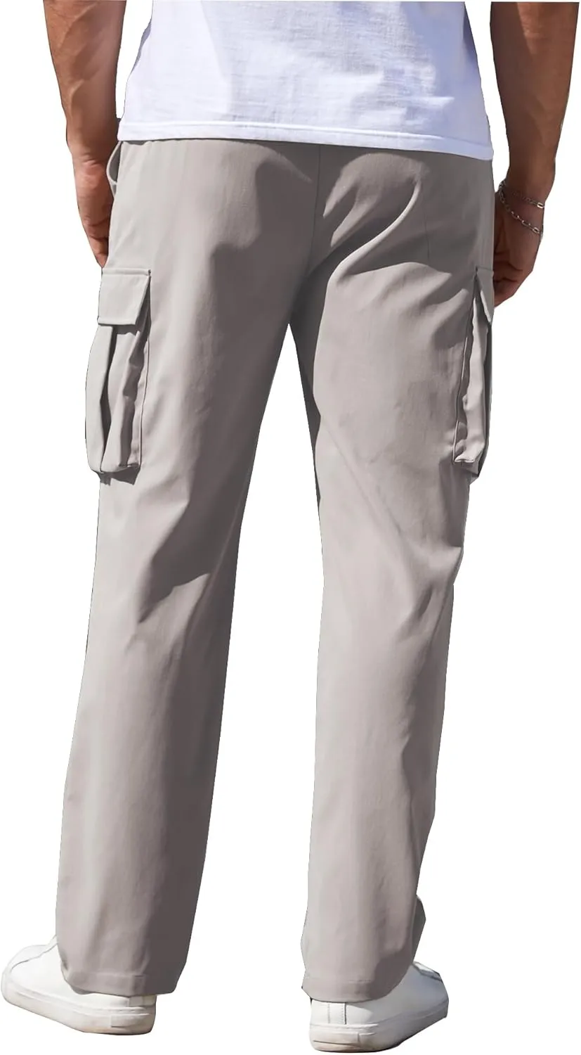Mens Cargo Pants Drawstring Relaxed Fit Pants Stretch Elastic Waist Work Outdoor Casual Pants with Pockets