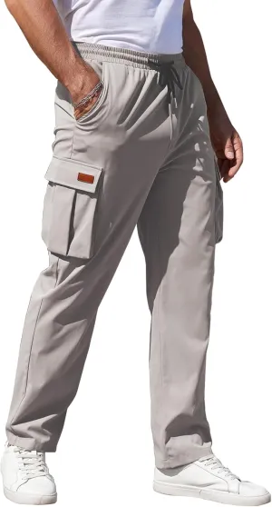 Mens Cargo Pants Drawstring Relaxed Fit Pants Stretch Elastic Waist Work Outdoor Casual Pants with Pockets
