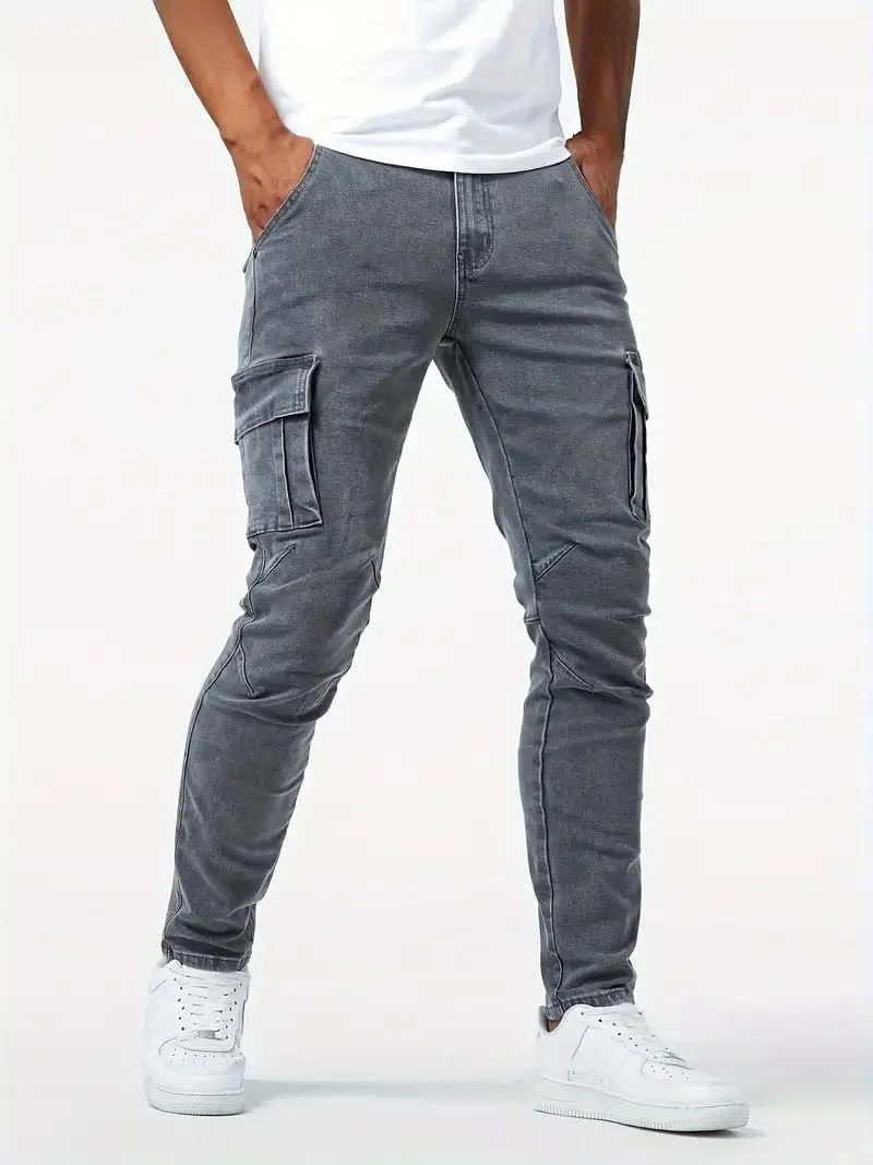 Men's Denim Jeans Mid Waist Stretch Jeans Skinny Distressed Pants Slim Fit Straight Leg Athletic Pants with Pockets