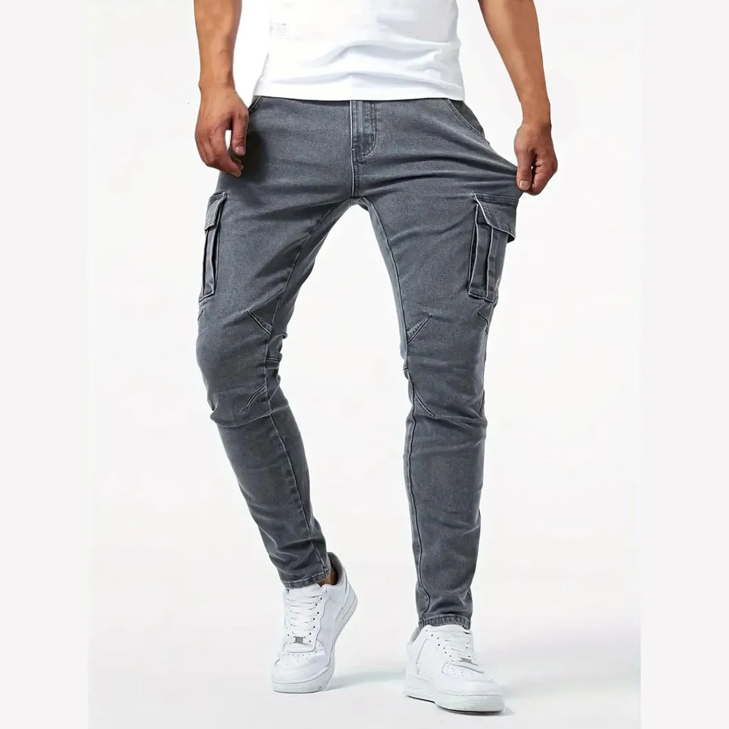 Men's Denim Jeans Mid Waist Stretch Jeans Skinny Distressed Pants Slim Fit Straight Leg Athletic Pants with Pockets