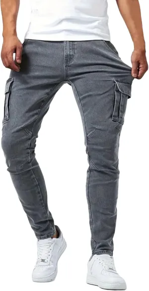 Men's Denim Jeans Mid Waist Stretch Jeans Skinny Distressed Pants Slim Fit Straight Leg Athletic Pants with Pockets
