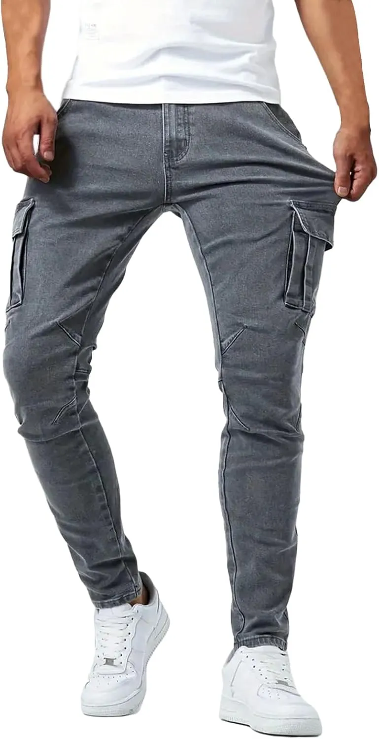 Men's Denim Jeans Mid Waist Stretch Jeans Skinny Distressed Pants Slim Fit Straight Leg Athletic Pants with Pockets