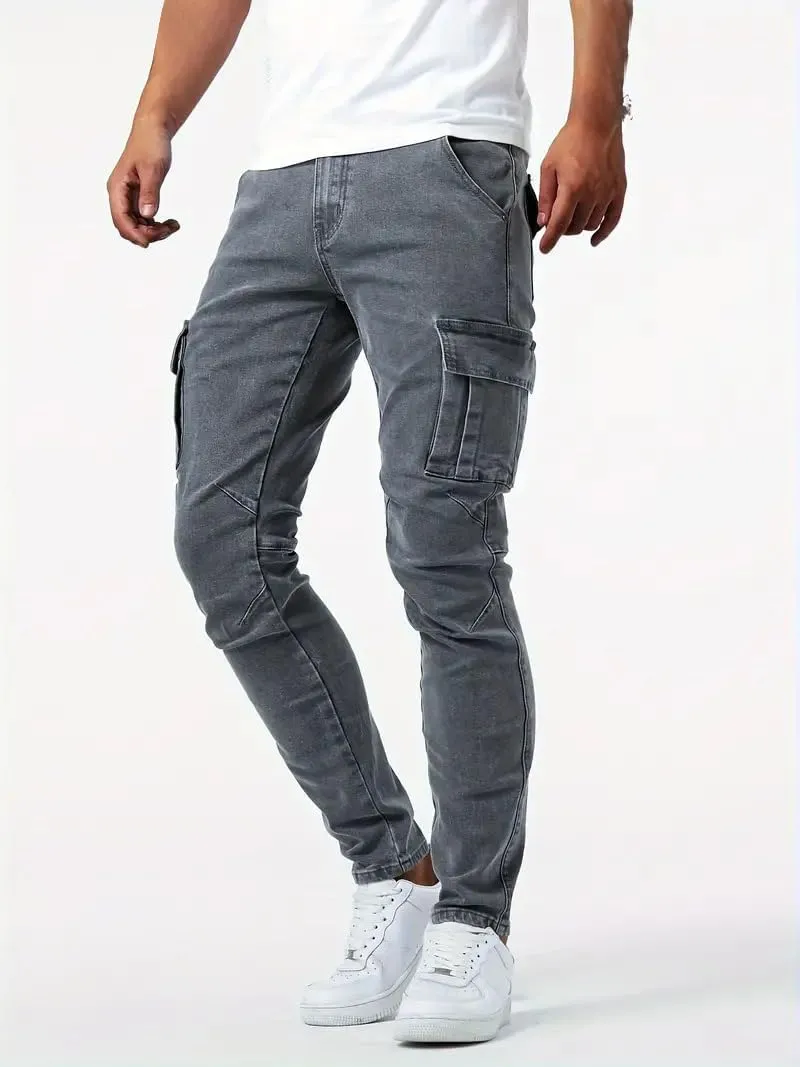 Men's Denim Jeans Mid Waist Stretch Jeans Skinny Distressed Pants Slim Fit Straight Leg Athletic Pants with Pockets