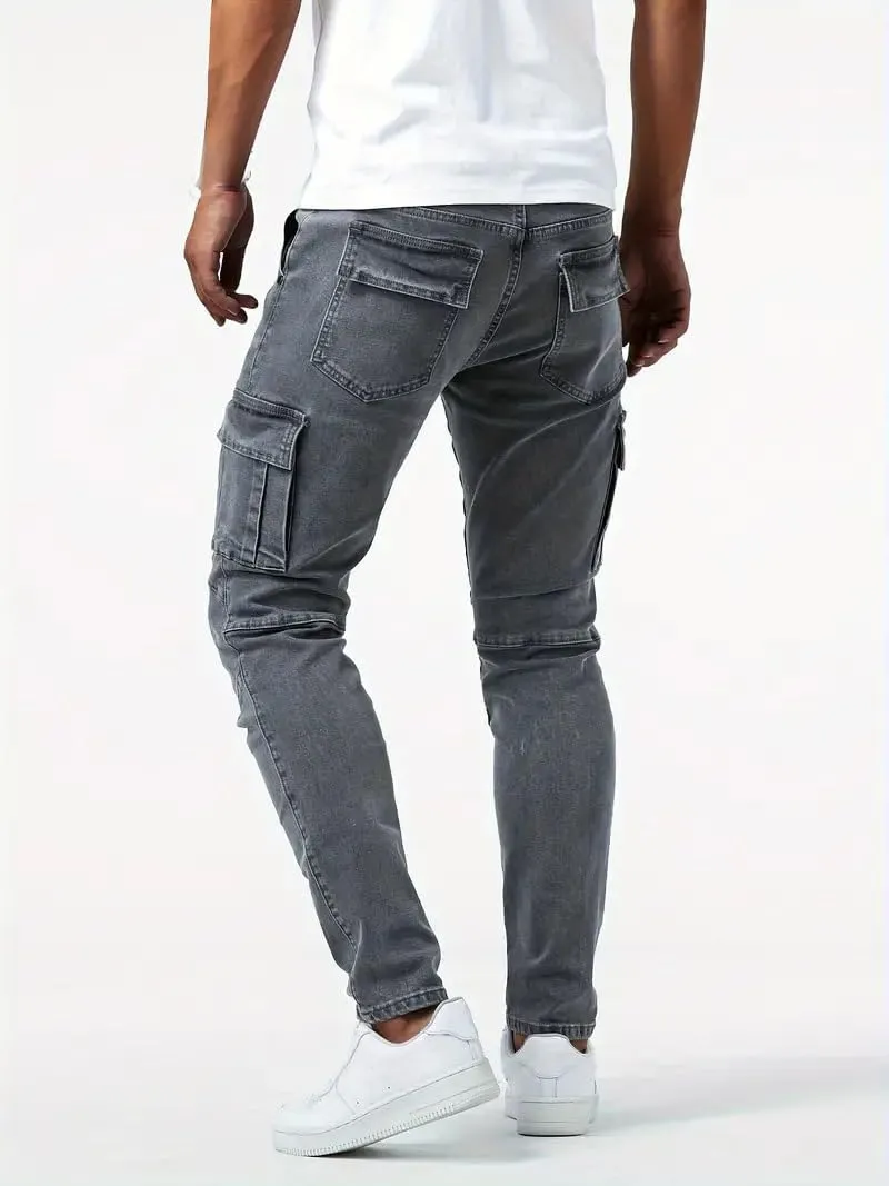 Men's Denim Jeans Mid Waist Stretch Jeans Skinny Distressed Pants Slim Fit Straight Leg Athletic Pants with Pockets