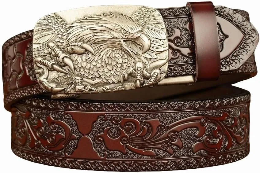 Men's Genuine Leather Belt  Ratchet Adjustable 3D Eagle Buckle Vintage Engraved Dress & Casual Strap
