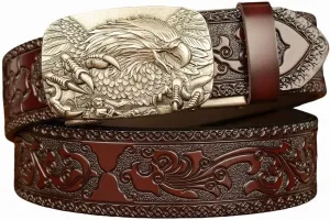 Men's Genuine Leather Belt  Ratchet Adjustable 3D Eagle Buckle Vintage Engraved Dress & Casual Strap