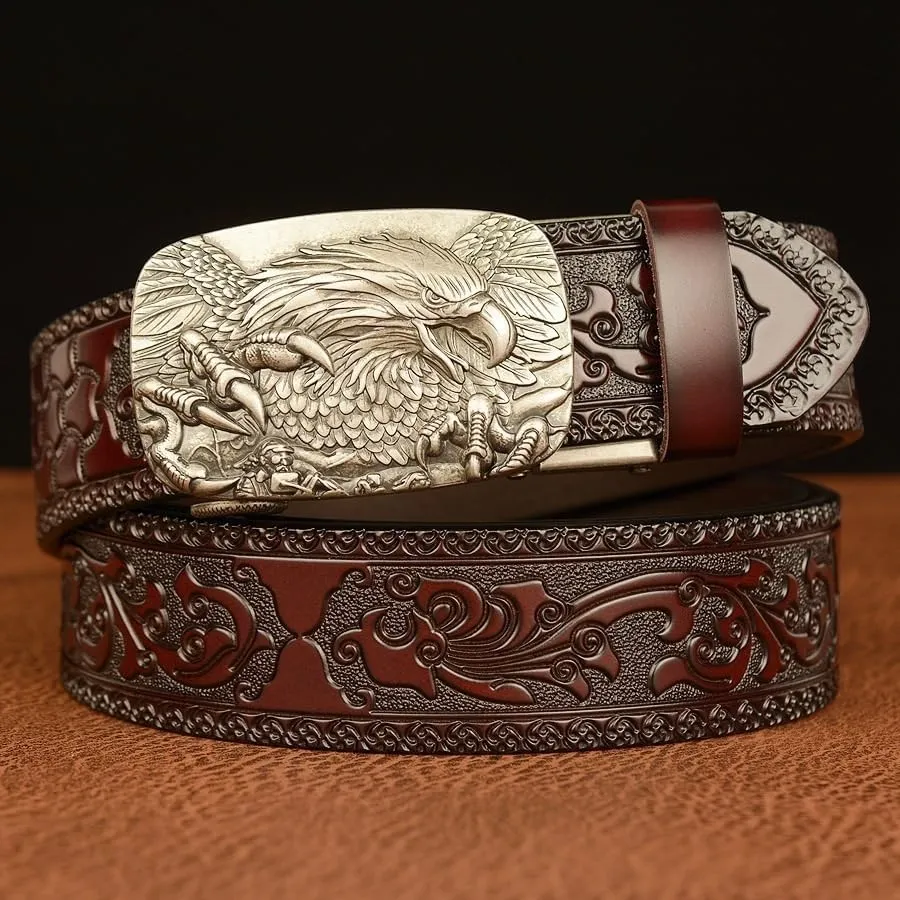 Men's Genuine Leather Belt  Ratchet Adjustable 3D Eagle Buckle Vintage Engraved Dress & Casual Strap