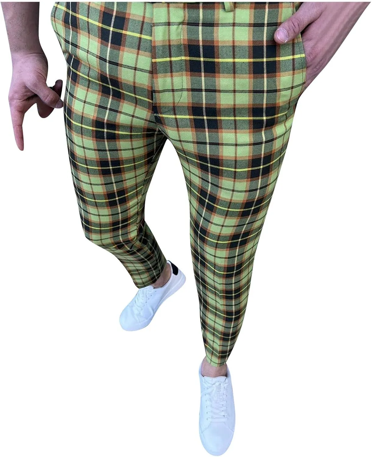 Men's Plaid Dress Pants Skinny Slim Fit Tapered Pants Stretch Chino Pants Checked Office Prom Trousers with Pockets