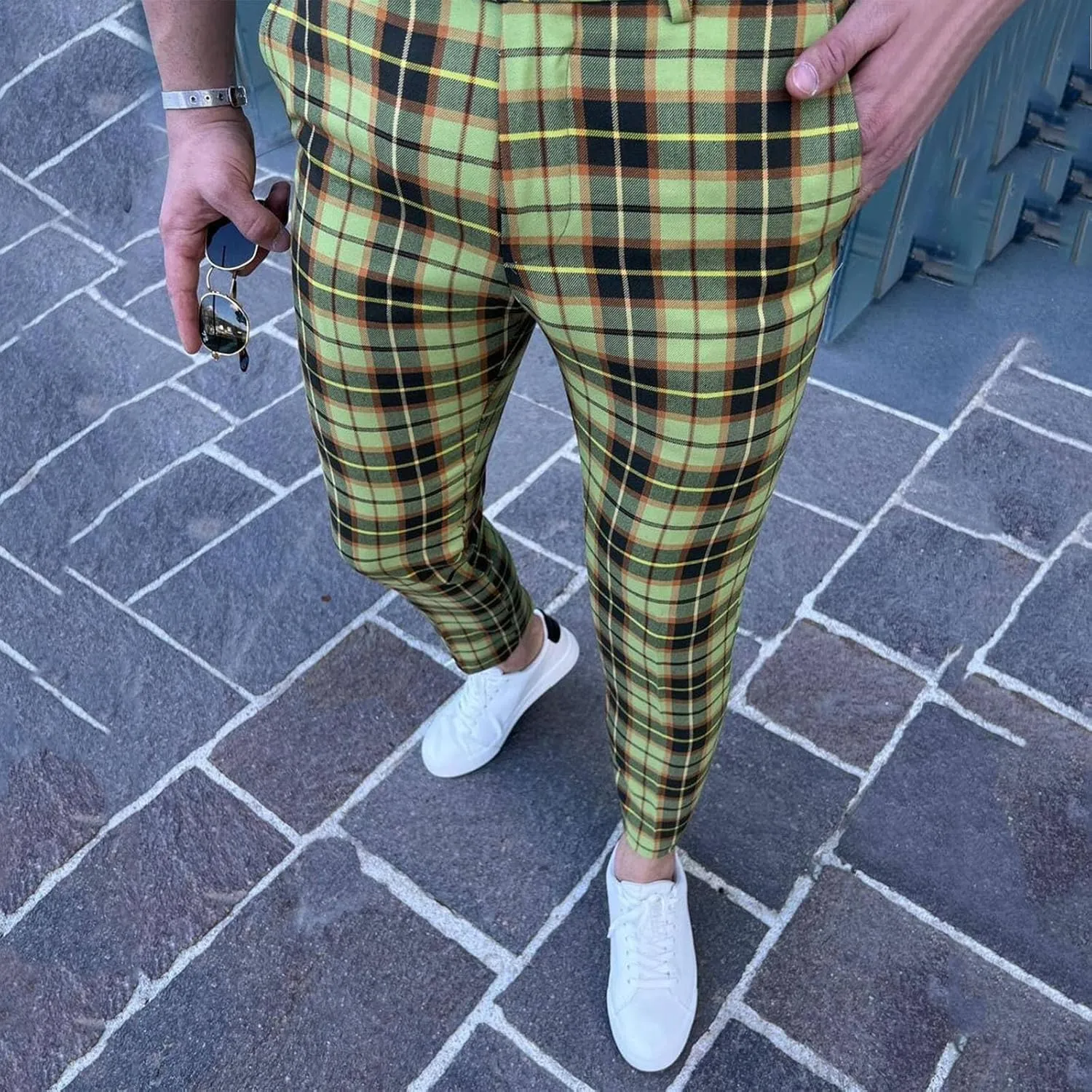 Men's Plaid Dress Pants Skinny Slim Fit Tapered Pants Stretch Chino Pants Checked Office Prom Trousers with Pockets